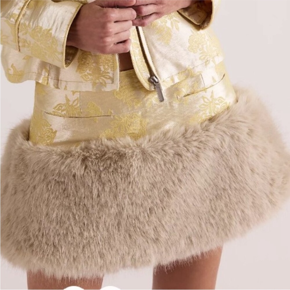 Free People Gold Brocade Mini Skirt with Beige Faux Fur Hem